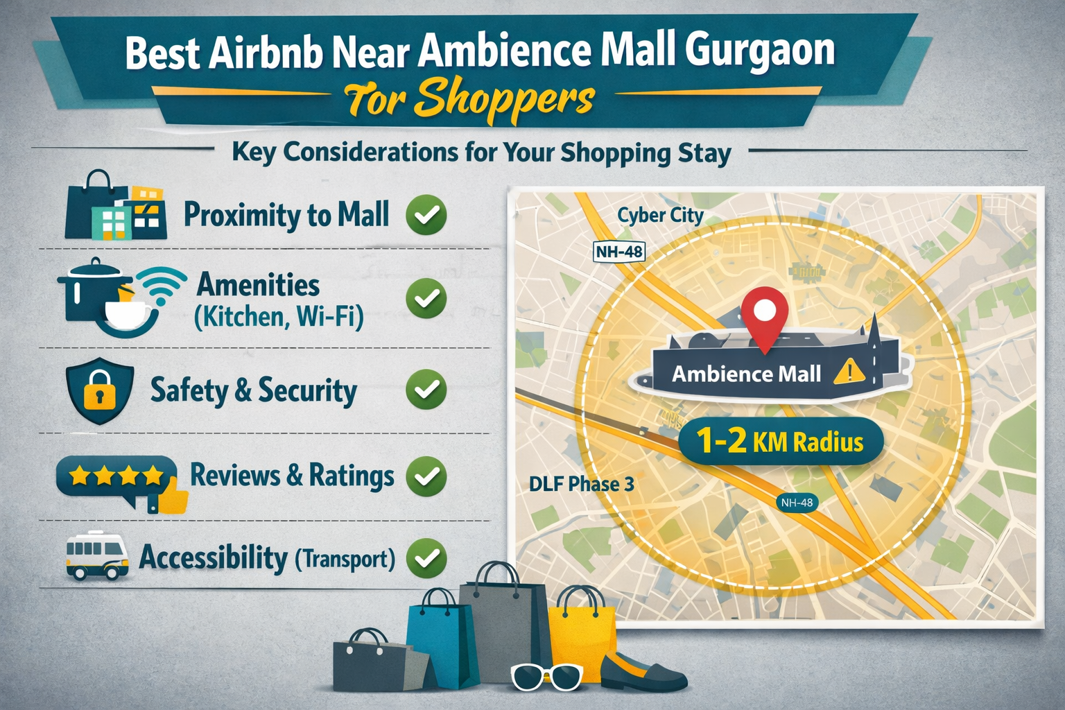 A vibrant infographic (1536x1024) illustrating key factors for choosing the Best Airbnb Near Ambience Mall Gurgaon for Shoppers. Elements in