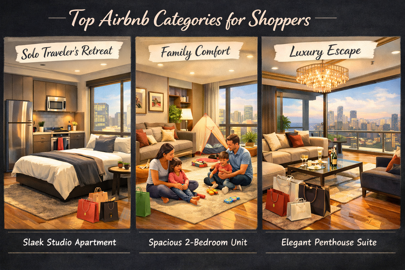 An artistic rendering (1536x1024) showcasing three distinct types of 'Best Airbnb Near Ambience Mall Gurgaon for Shoppers' options: a sleek 