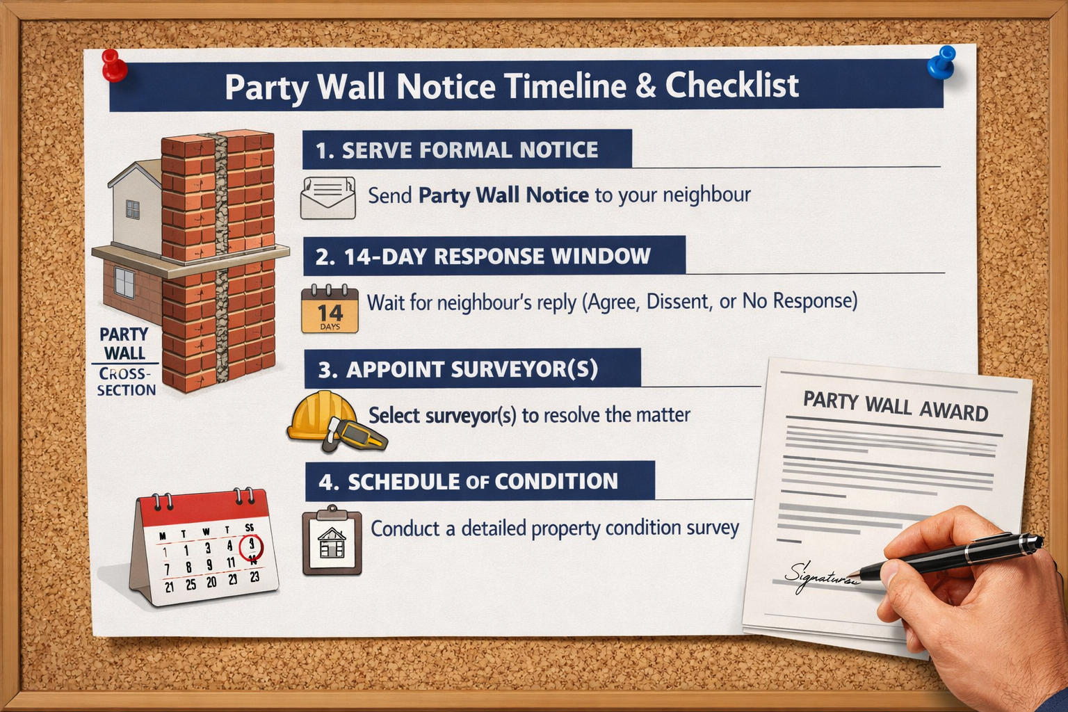 () detailed infographic-style illustration showing a party wall notice timeline checklist pinned to a corkboard, with