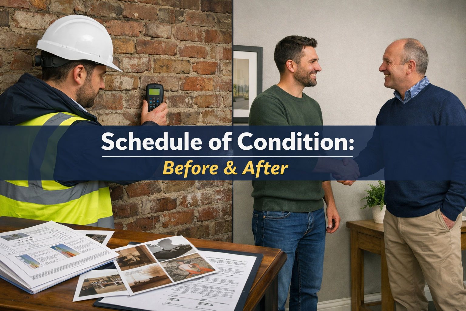 () split-scene image: left side shows a chartered surveyor conducting a pre-construction building survey inside a Victorian
