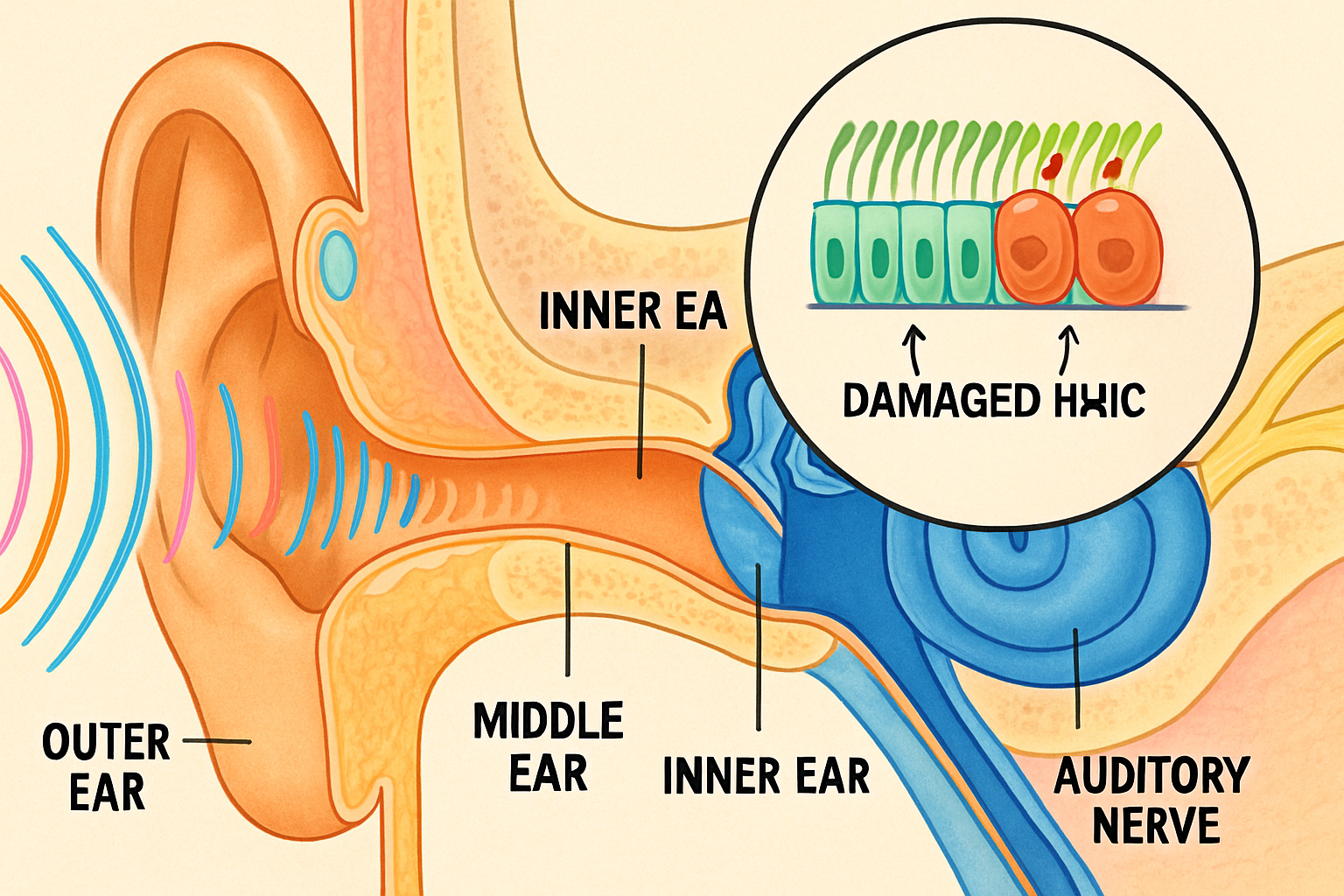 Detailed landscape illustration (1536x1024) showing cross-section of human ear anatomy with labeled parts including outer ear, middle ear, i