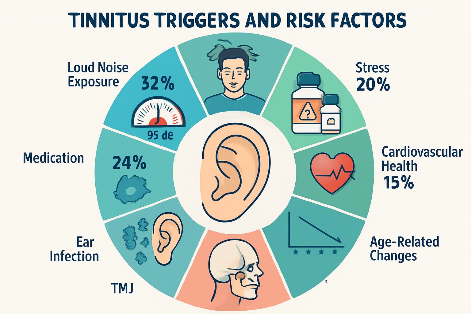 Comprehensive lifestyle infographic (1536x1024) displaying common tinnitus triggers and risk factors in circular wheel format. Center shows 