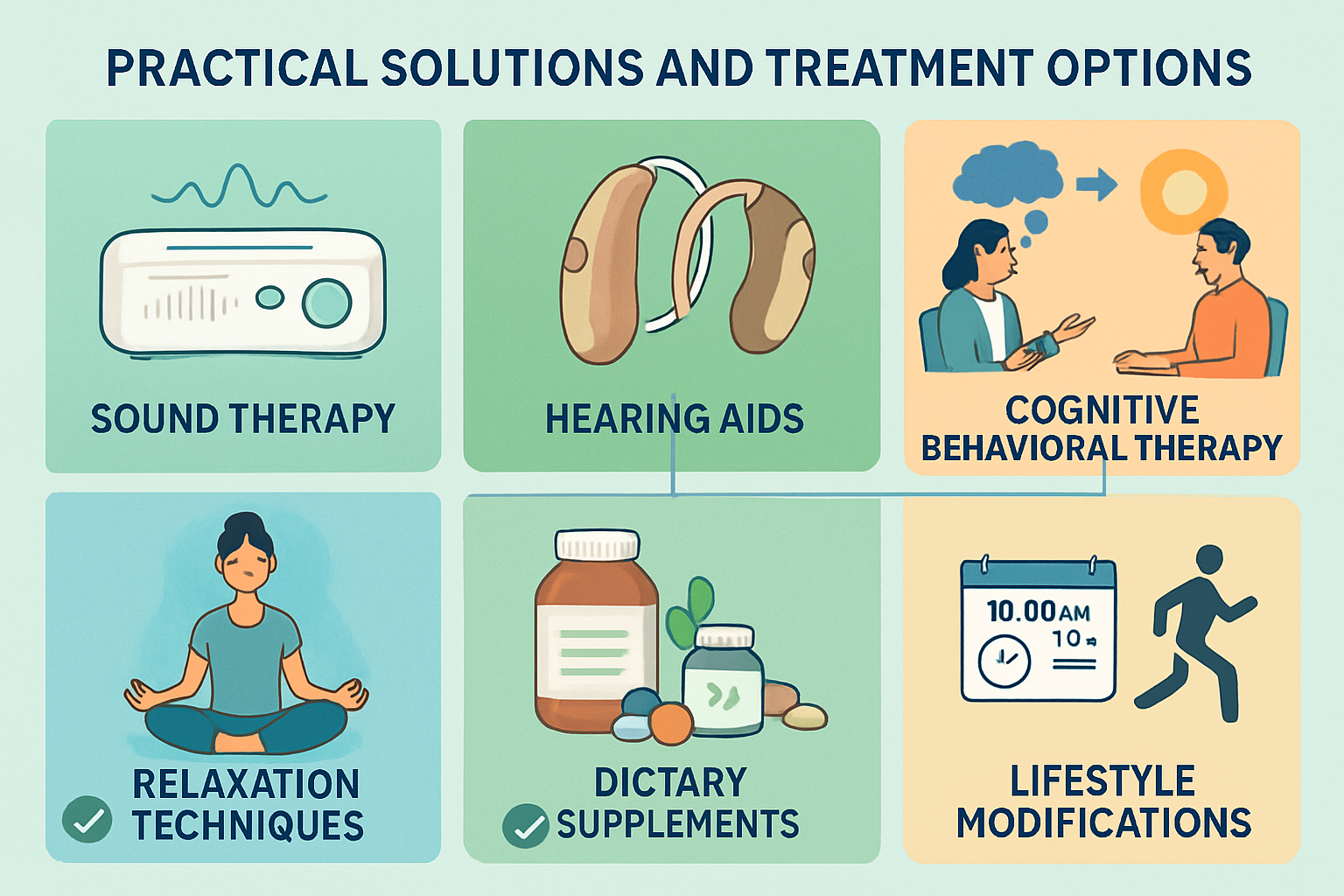 Practical solutions and treatment options visual guide (1536x1024) showing grid layout of tinnitus management strategies. Top row: sound the