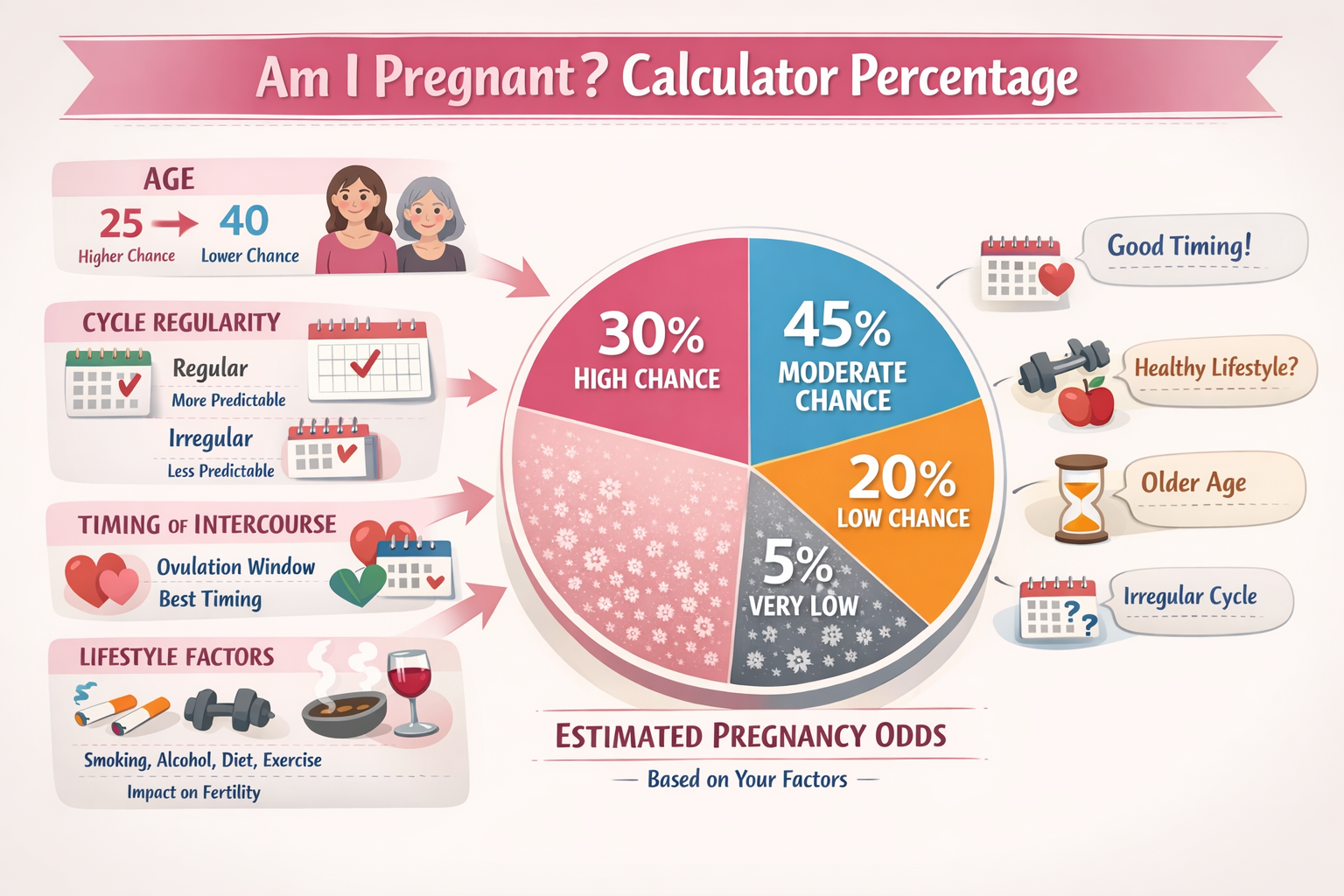 A detailed infographic in () illustrating various factors influencing pregnancy chances, with a central pie chart showing