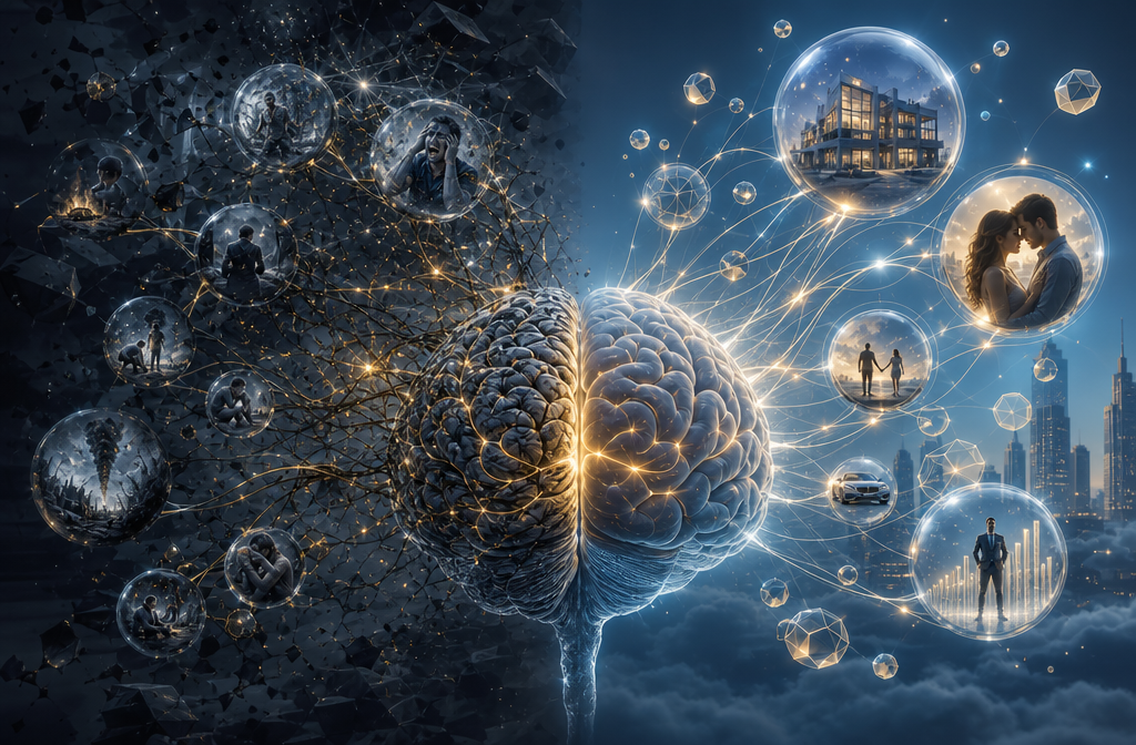 () artistic visualization showing the human brain with glowing neural pathways connecting to floating thought bubbles that