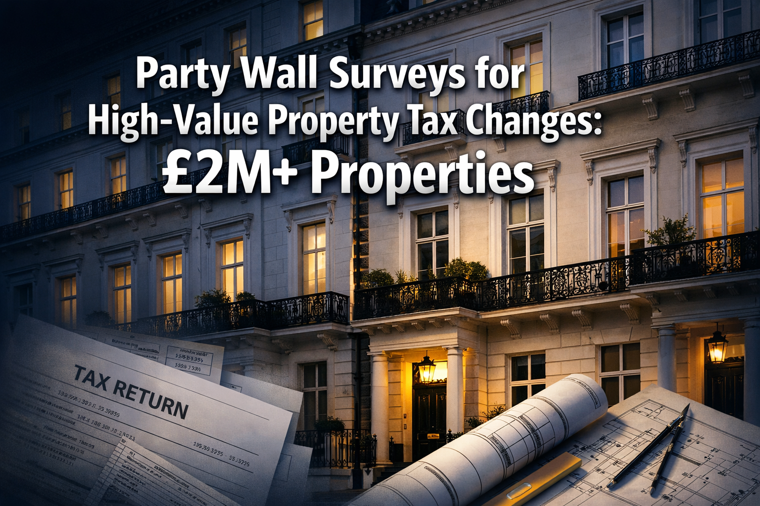 Professional () editorial hero image featuring 'Party Wall Surveys for High-Value Property Tax Changes: £2M+ Properties' in