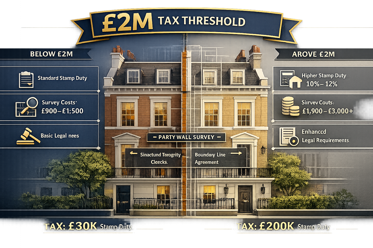 Infographic-style visualization with a split landscape showing two adjacent luxury London townhouses, with transparent