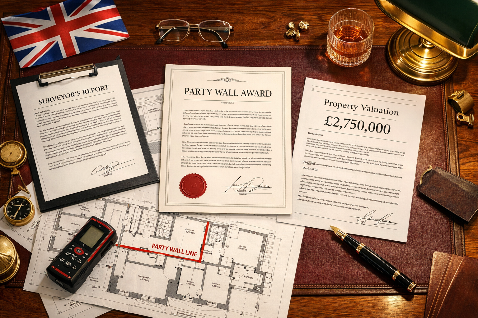 Professional () conceptual illustration of party wall award documentation process for premium properties, featuring overhead