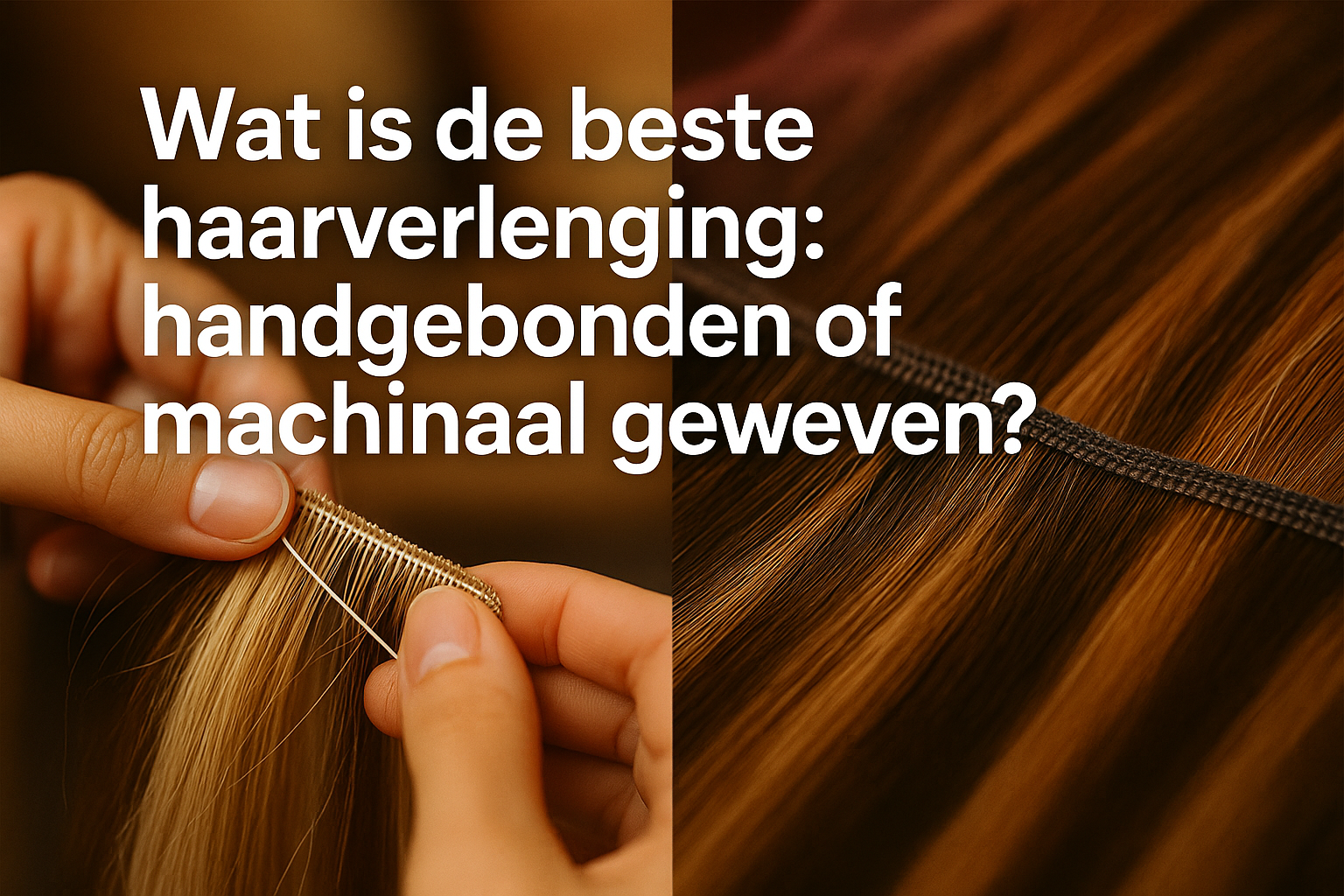 Wat is de beste haarverlenging: handgebonden of machinaal geweven? 3 Professional landscape hero image (1536x1024) featuring bold text overlay 'Wat is de beste haarverlenging: handgebonden of machinaal geweven
