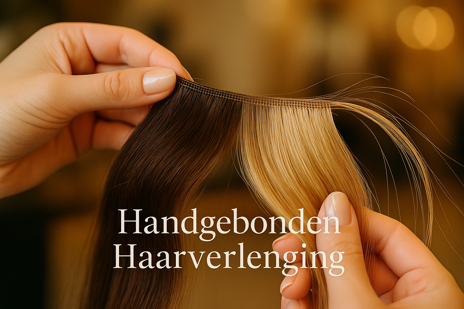 Wat is de beste haarverlenging: handgebonden of machinaal geweven? 1 Detailed close-up editorial image (1536x1024) showing handtied hair extension weft held delicately between professional hands, individual ha