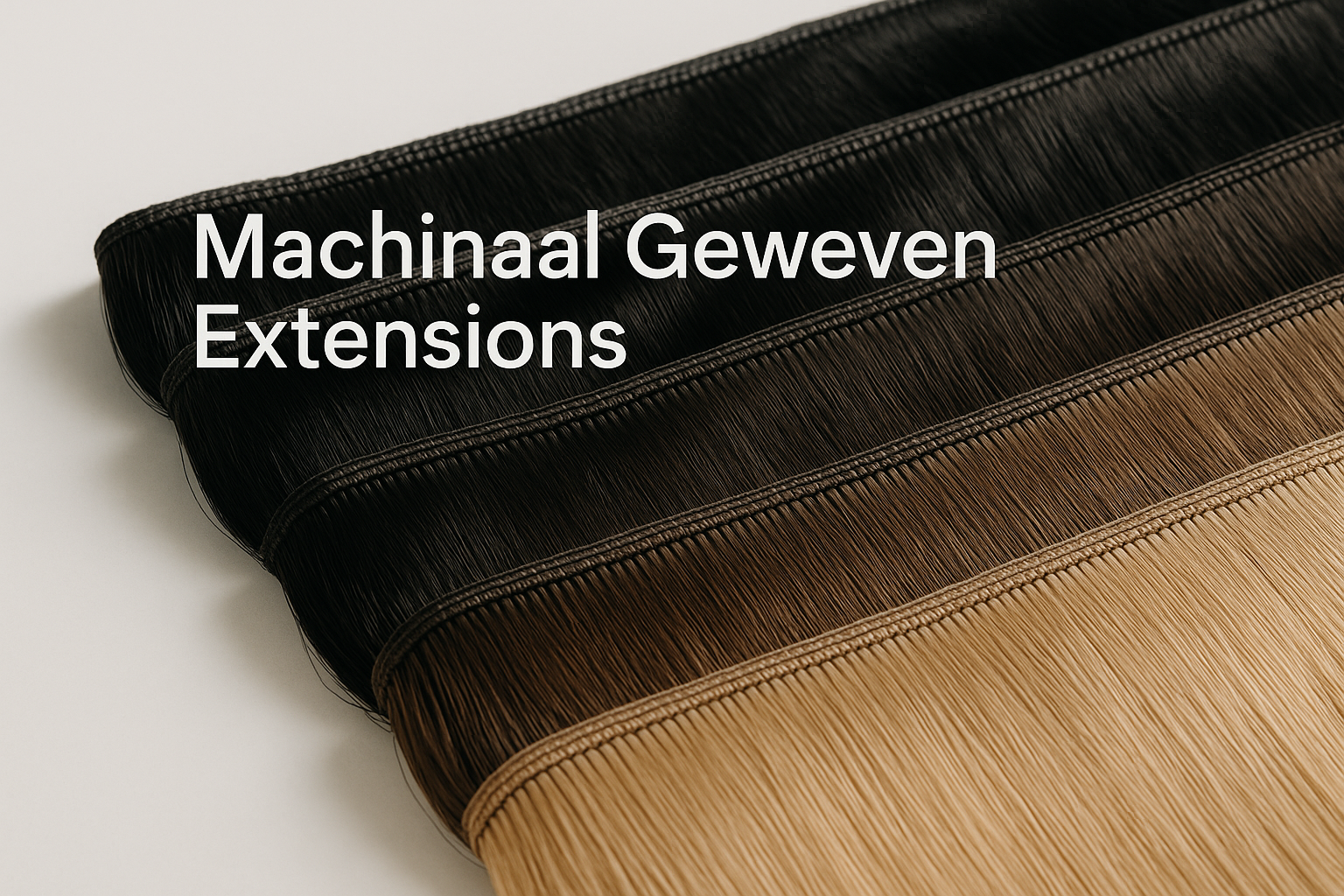 Wat is de beste haarverlenging: handgebonden of machinaal geweven? 2 Professional editorial photograph (1536x1024) displaying machine-sewn hair extension weft with precise industrial stitching visible on fabri
