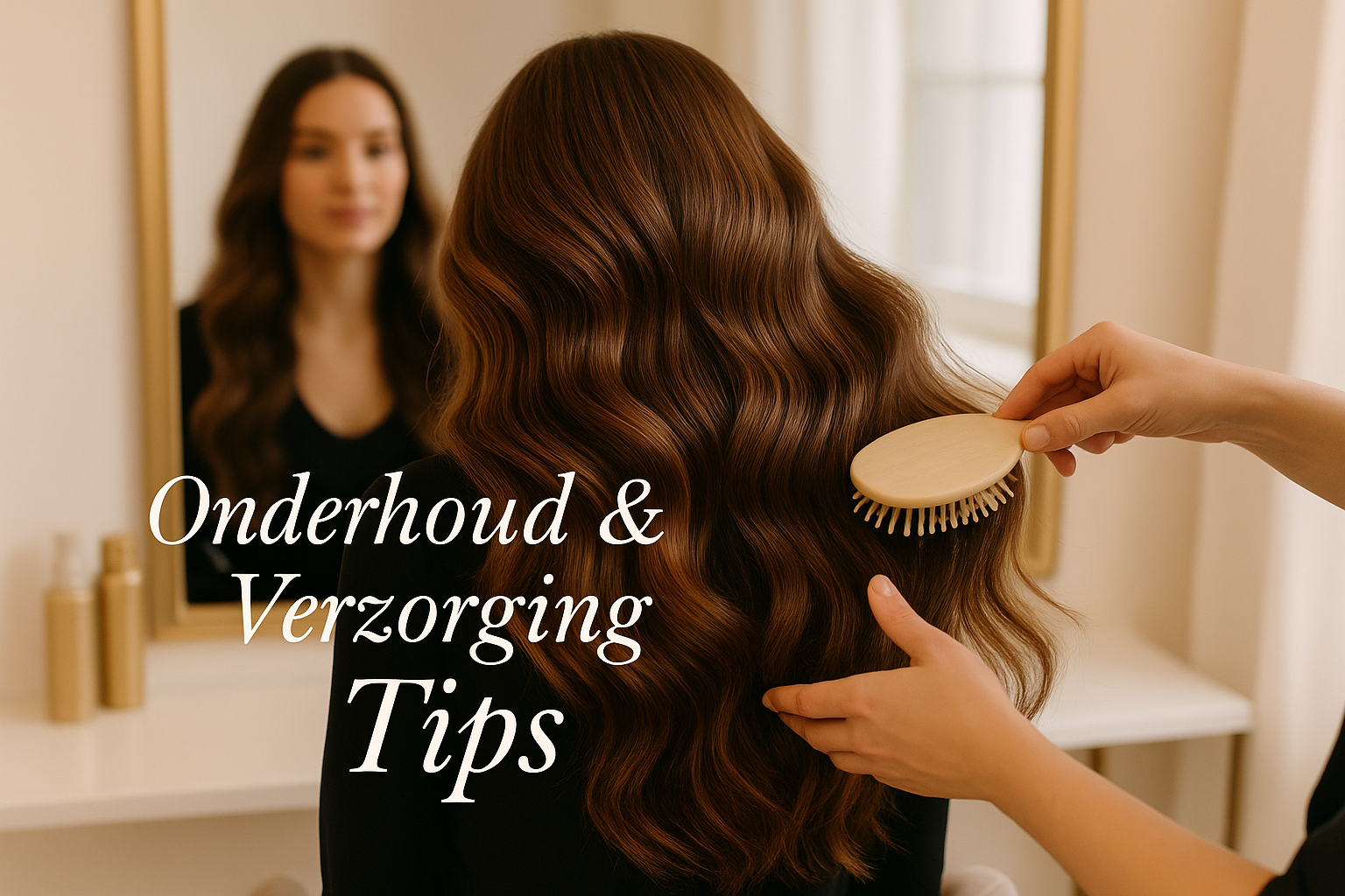 Wat is de beste haarverlenging: handgebonden of machinaal geweven? 4 Lifestyle editorial image (1536x1024) showing beautiful woman with long flowing hair extensions styled in loose waves, hair being gently bru