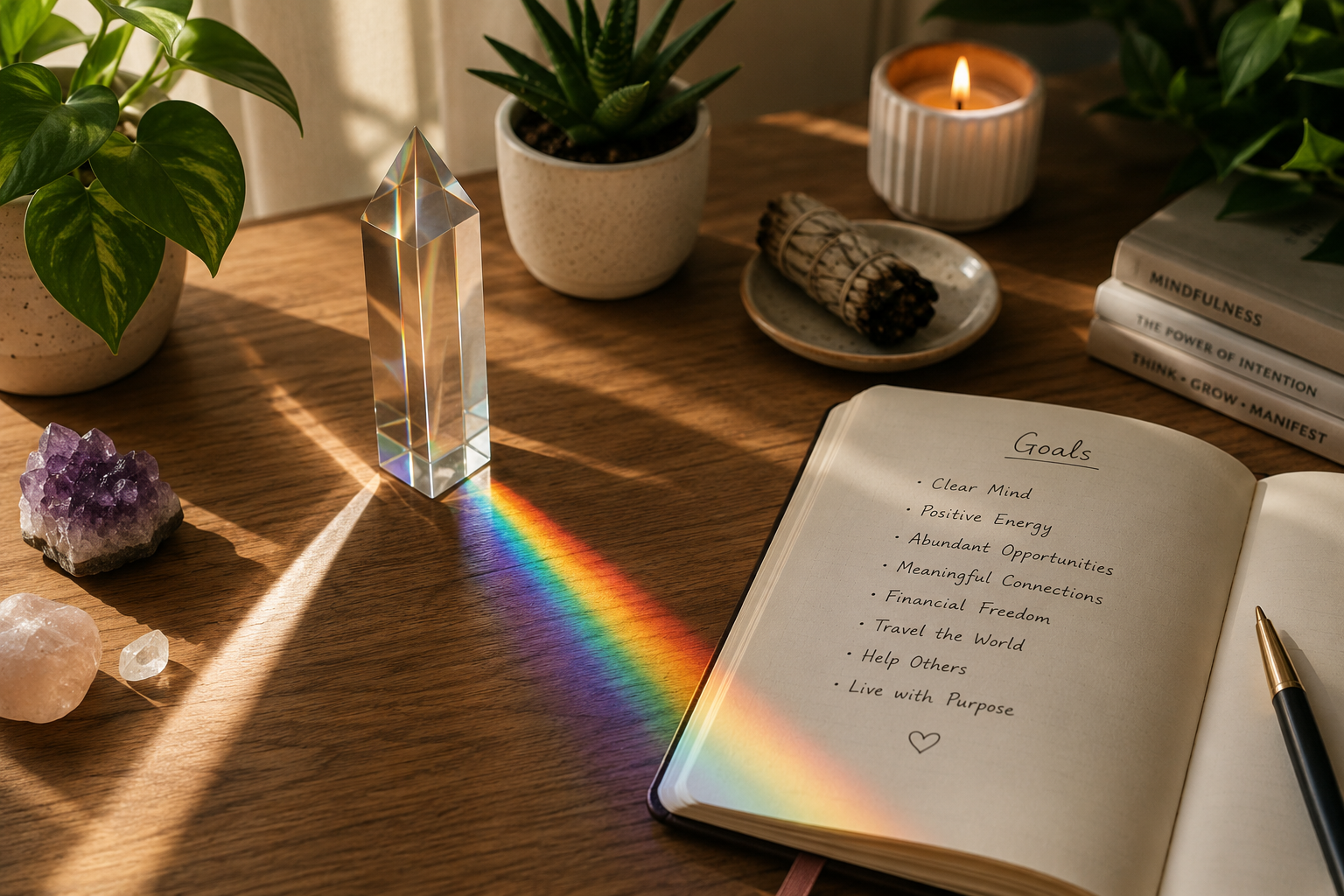() image depicting a clear crystal prism refracting white light into a rainbow spectrum, placed on a wooden desk next to an