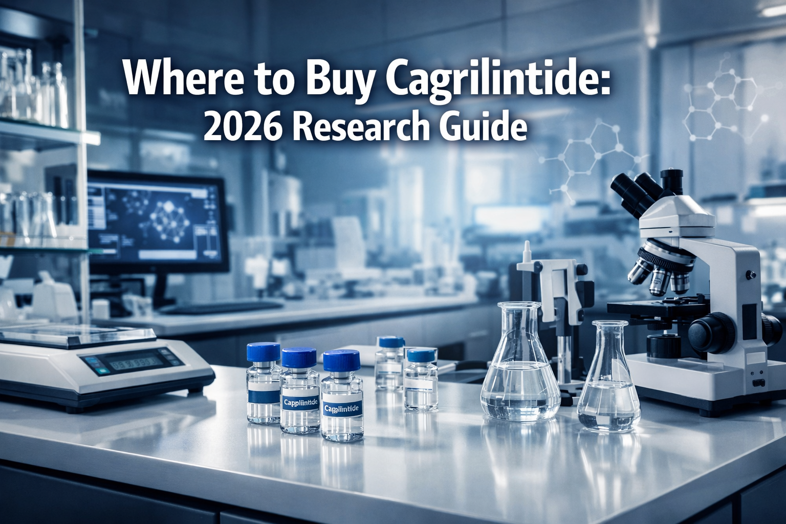 Professional landscape hero image (1536x1024) featuring bold text overlay 'Where to Buy Cagrilintide: 2026 Research Guide' in extra large 72