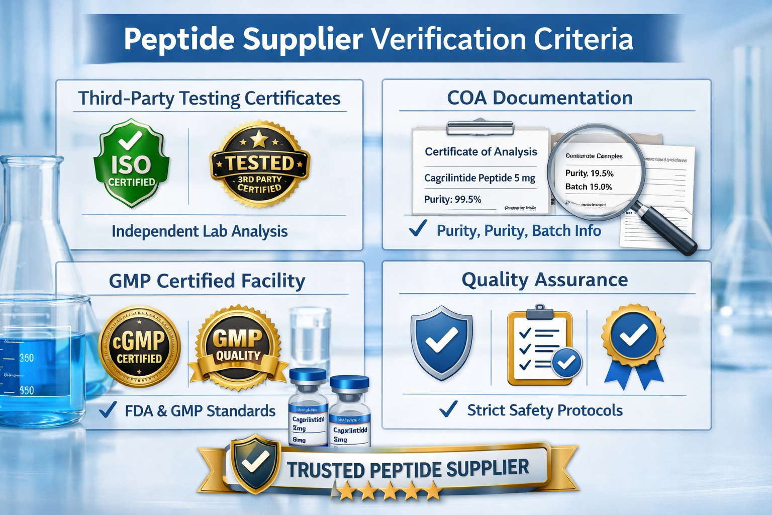Detailed landscape infographic (1536x1024) showing comparison chart of peptide supplier verification criteria including third-party testing