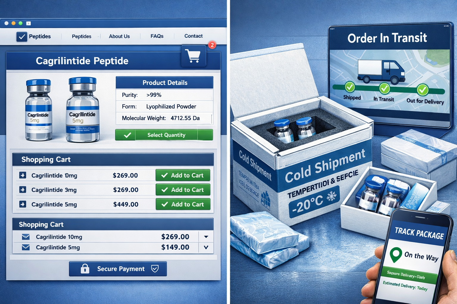 Professional landscape illustration (1536x1024) depicting online peptide purchasing journey with split-screen composition. Left side shows s