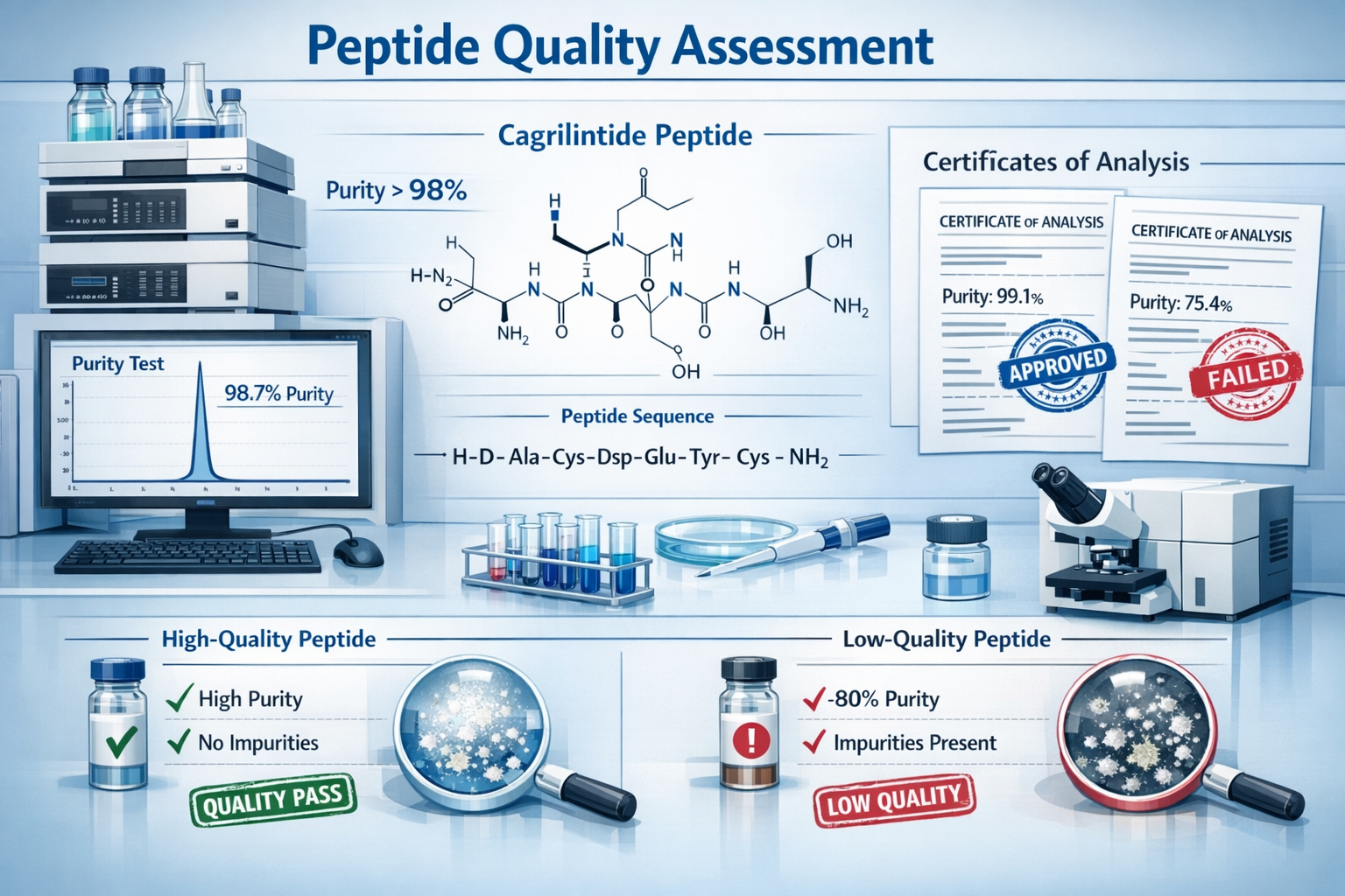 Detailed landscape educational diagram (1536x1024) illustrating peptide quality assessment process. Visual shows laboratory testing equipmen