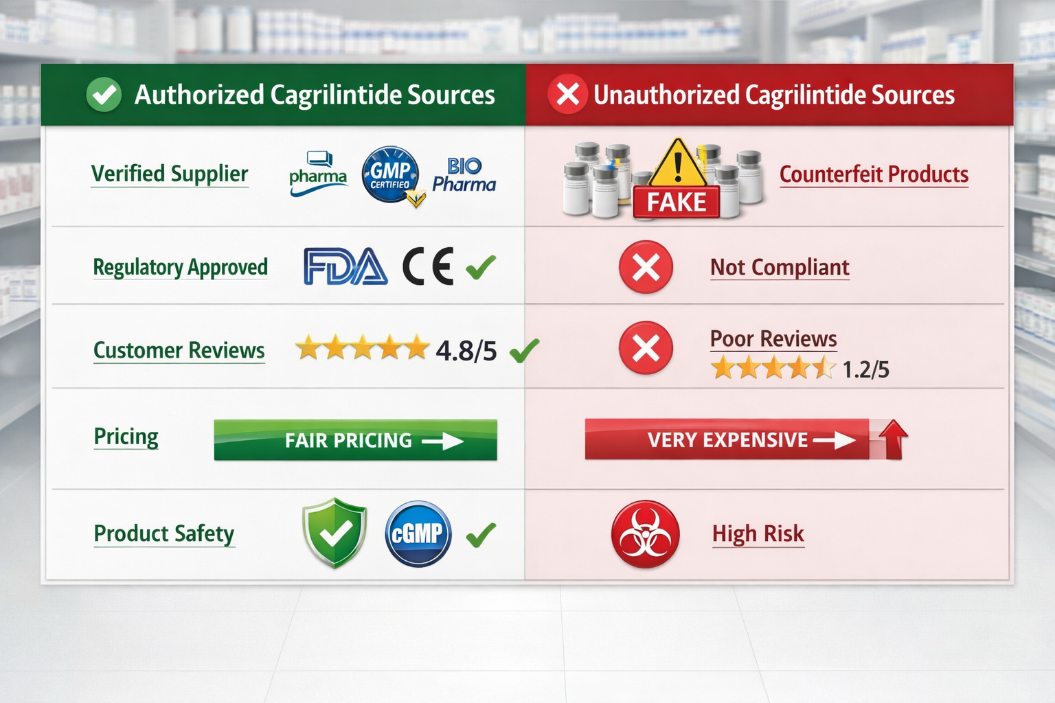 Comprehensive landscape comparison table (1536x1024) showing authorized versus unauthorized Cagrilintide sources. Visual includes two-column