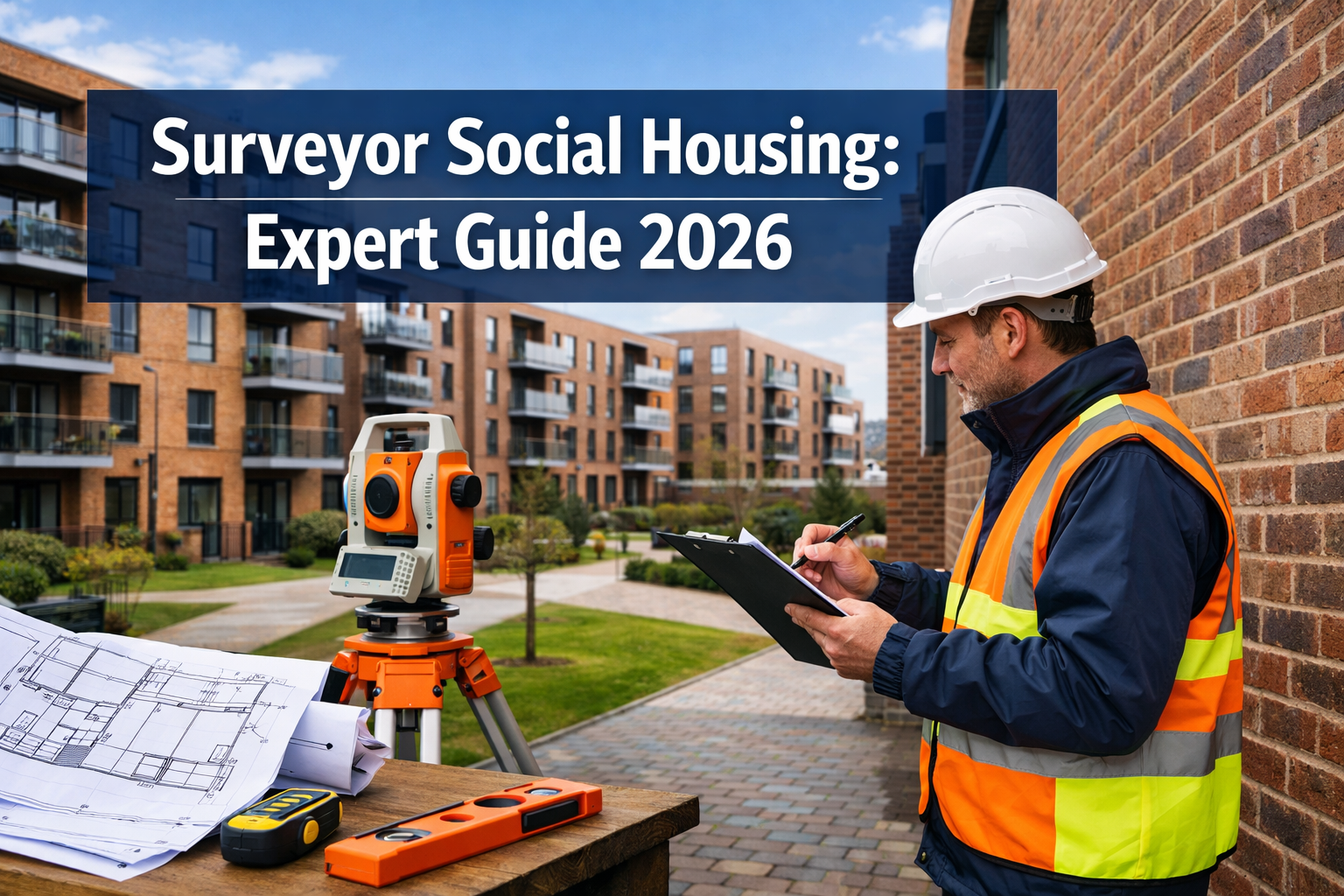 Professional landscape hero image (1536x1024) featuring bold text overlay 'Surveyor Social Housing: Expert Guide 2026' in extra large 72pt w