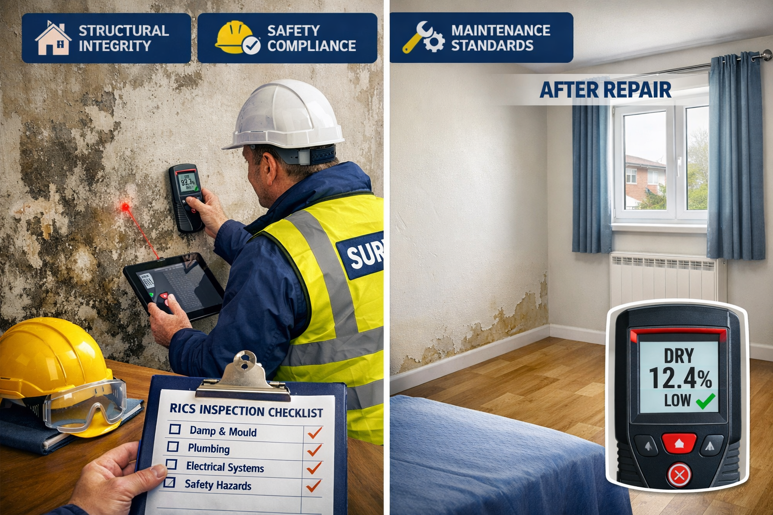 Detailed landscape editorial image (1536x1024) showing professional surveyor conducting thorough property inspection of social housing unit.