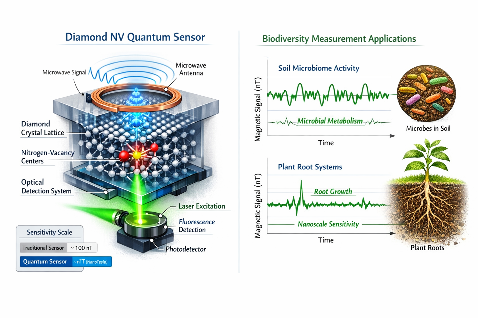 () detailed technical diagram showing quantum sensor components and measurement principles for biodiversity applications.