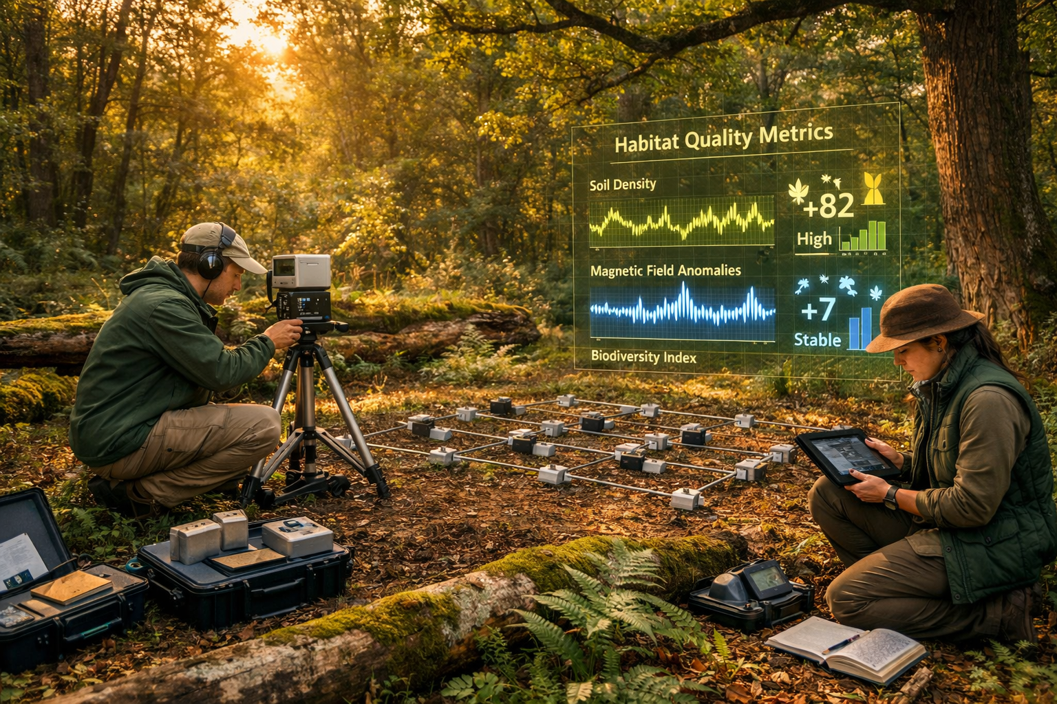 () authentic field deployment scene showing biodiversity surveyor team implementing quantum sensing protocols in mixed