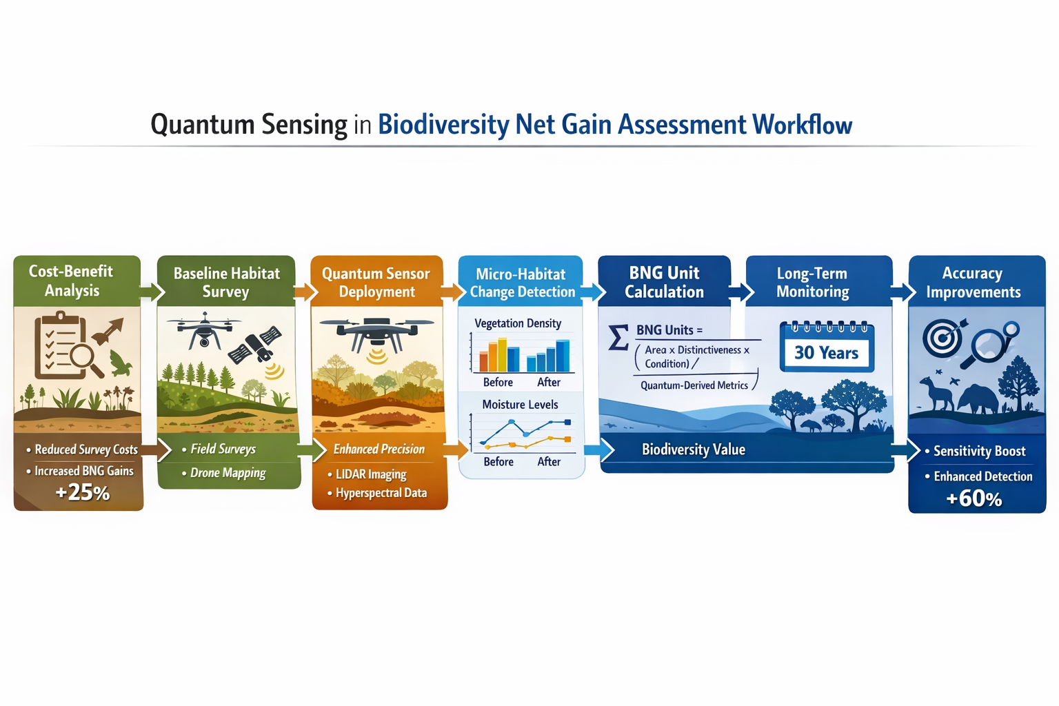 () comprehensive infographic displaying quantum sensing integration with Biodiversity Net Gain assessment workflow.