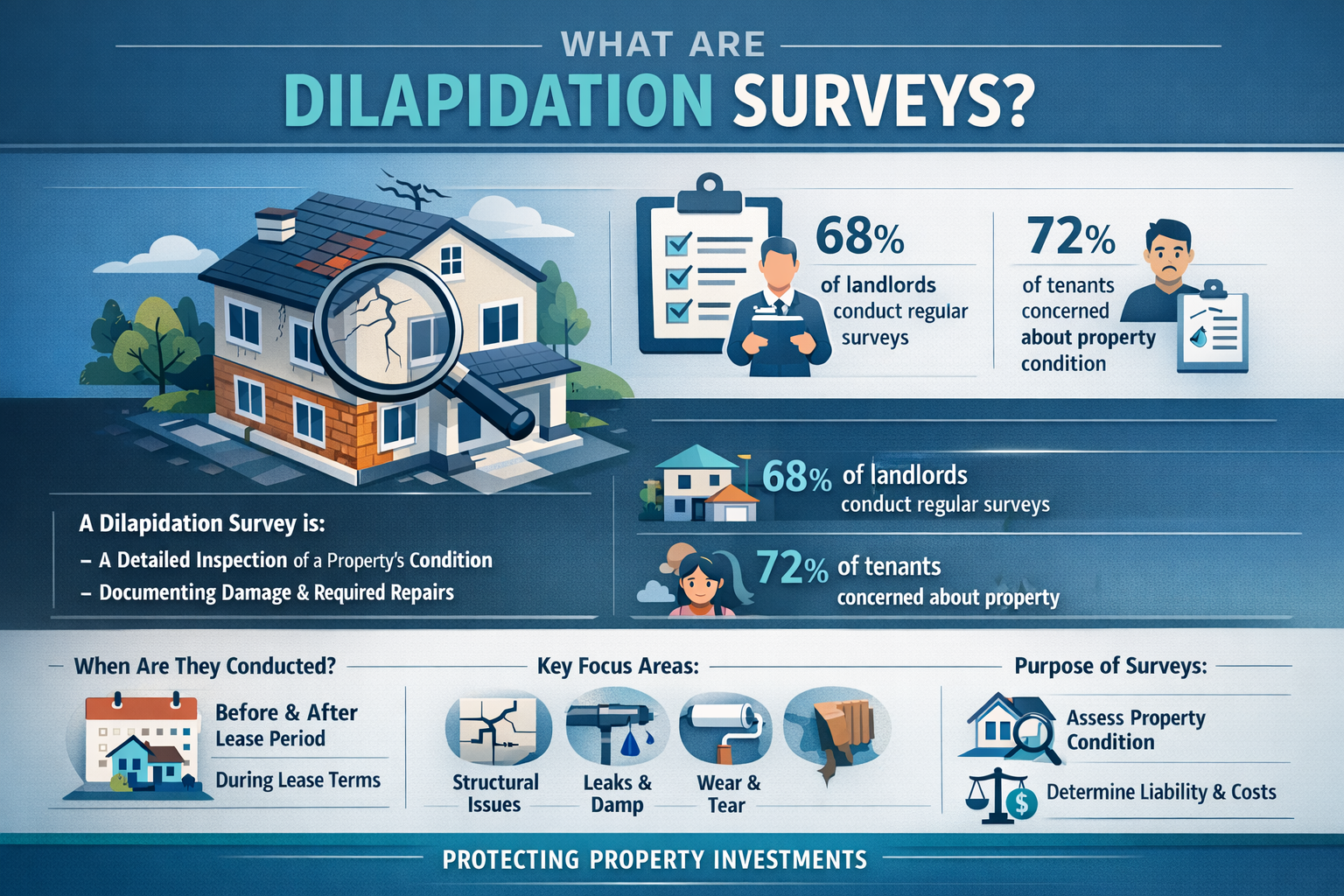 Professional infographic for article "Dilapidation Surveys: The Essential Guide for Landlords and Tenants in 2026", section: "What Are Dilap