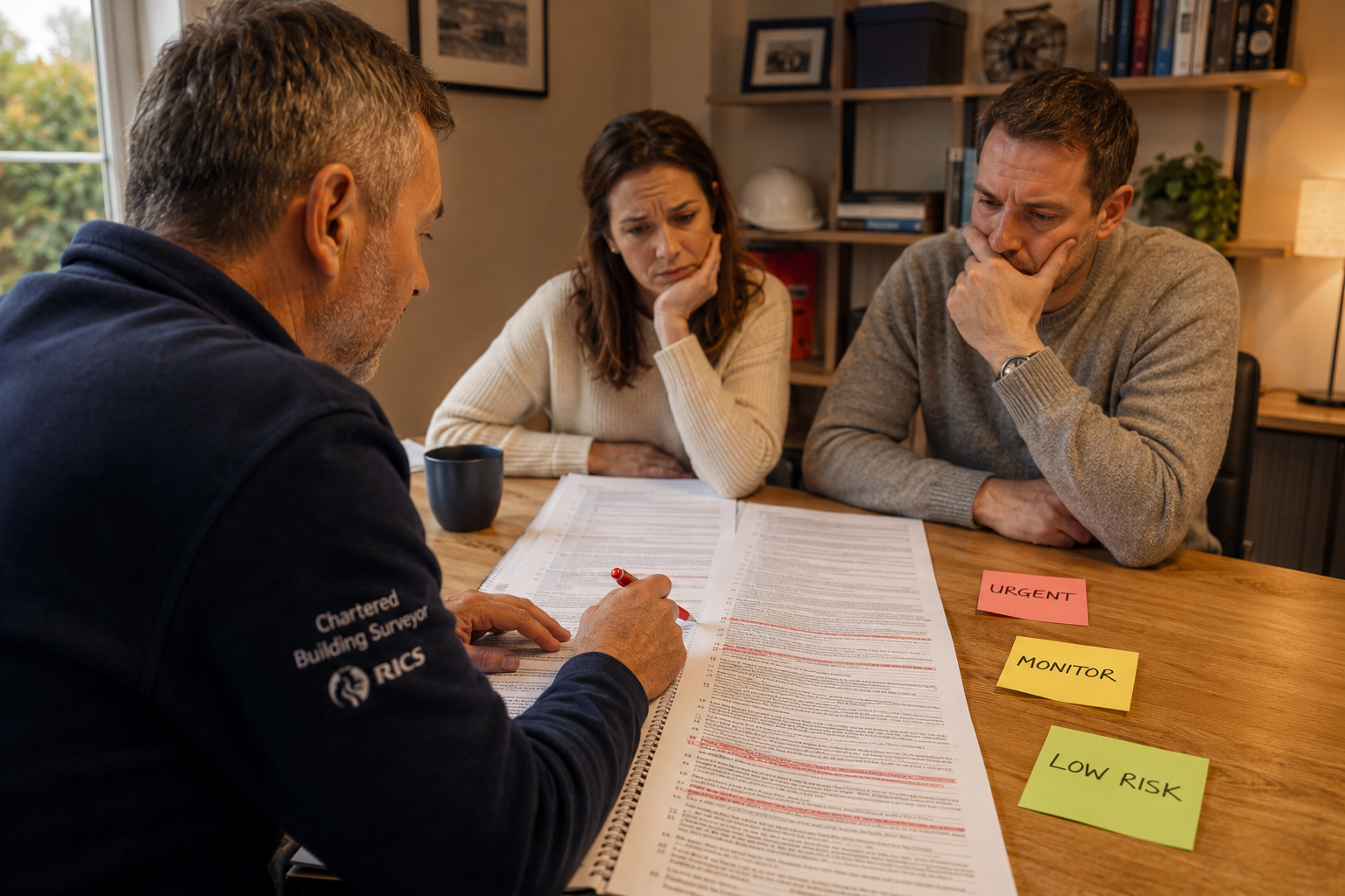 Wide-angle editorial photograph of a UK building surveyor sitting at a desk covered with a long printed defect schedule