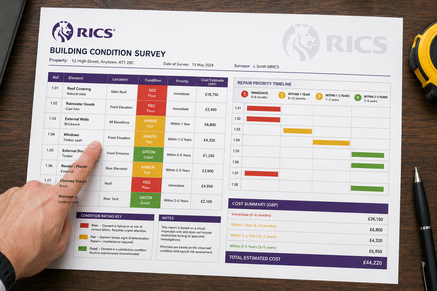 Close-up overhead flat-lay of a structured survey report laid on a wooden table, showing a colour-coded traffic light system