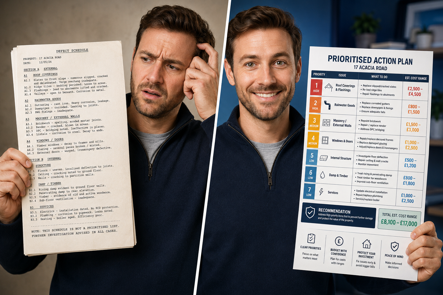 Split-screen editorial image: left side shows a dense wall of technical jargon text from an old-style defect schedule, right
