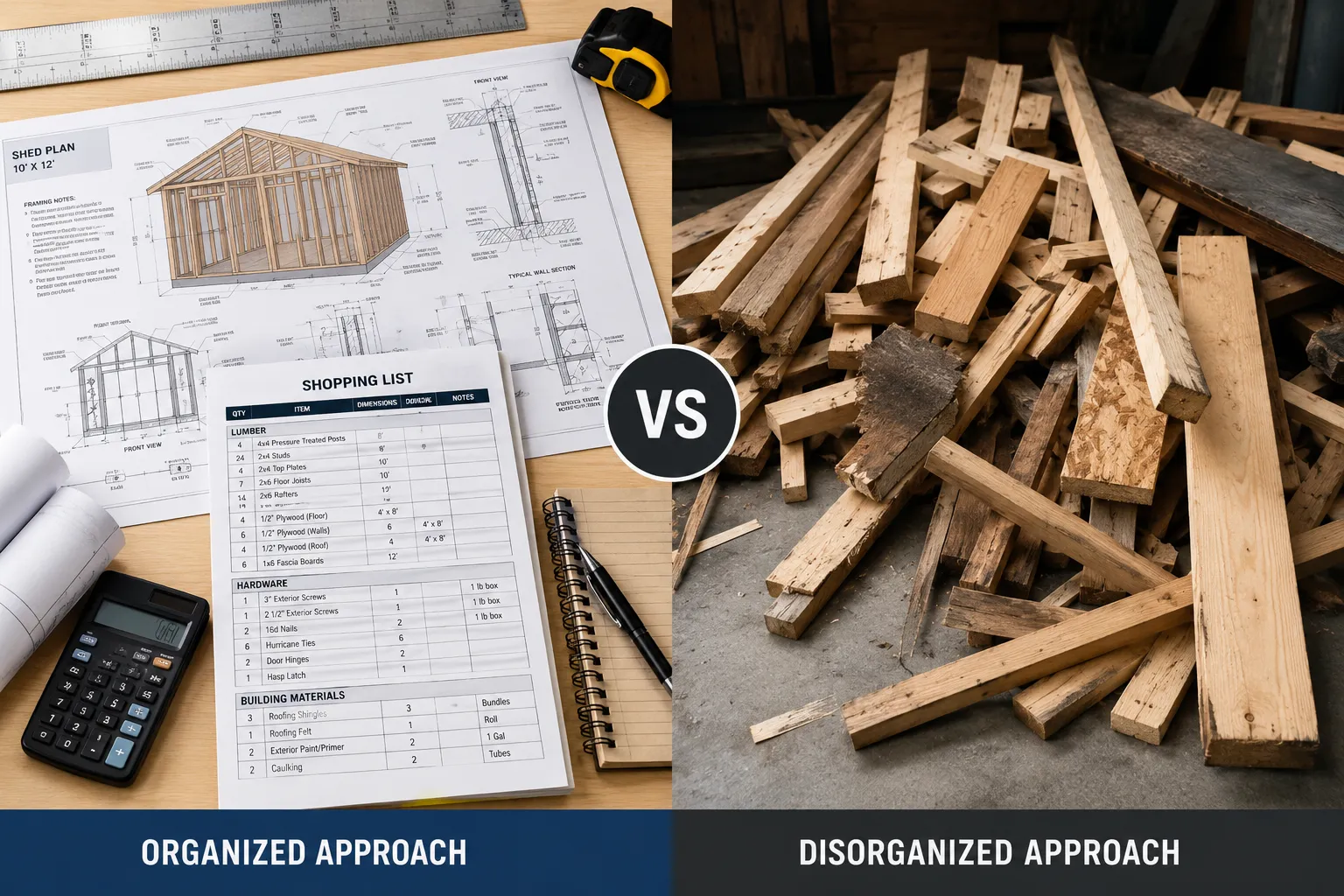 Editorial () split-screen composition: left side shows neatly organized shed blueprints with a detailed shopping list