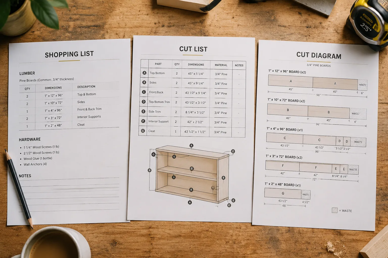 Shopping list vs cut list vs cut diagram