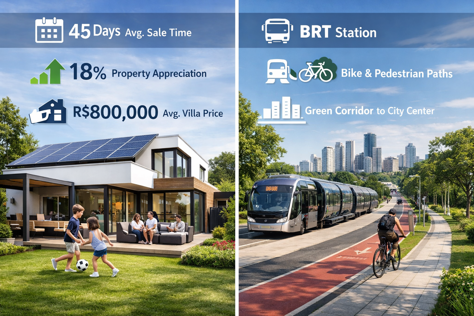 Detailed () image showing split-screen comparison of Curitiba suburban development: left side displays modern villa with