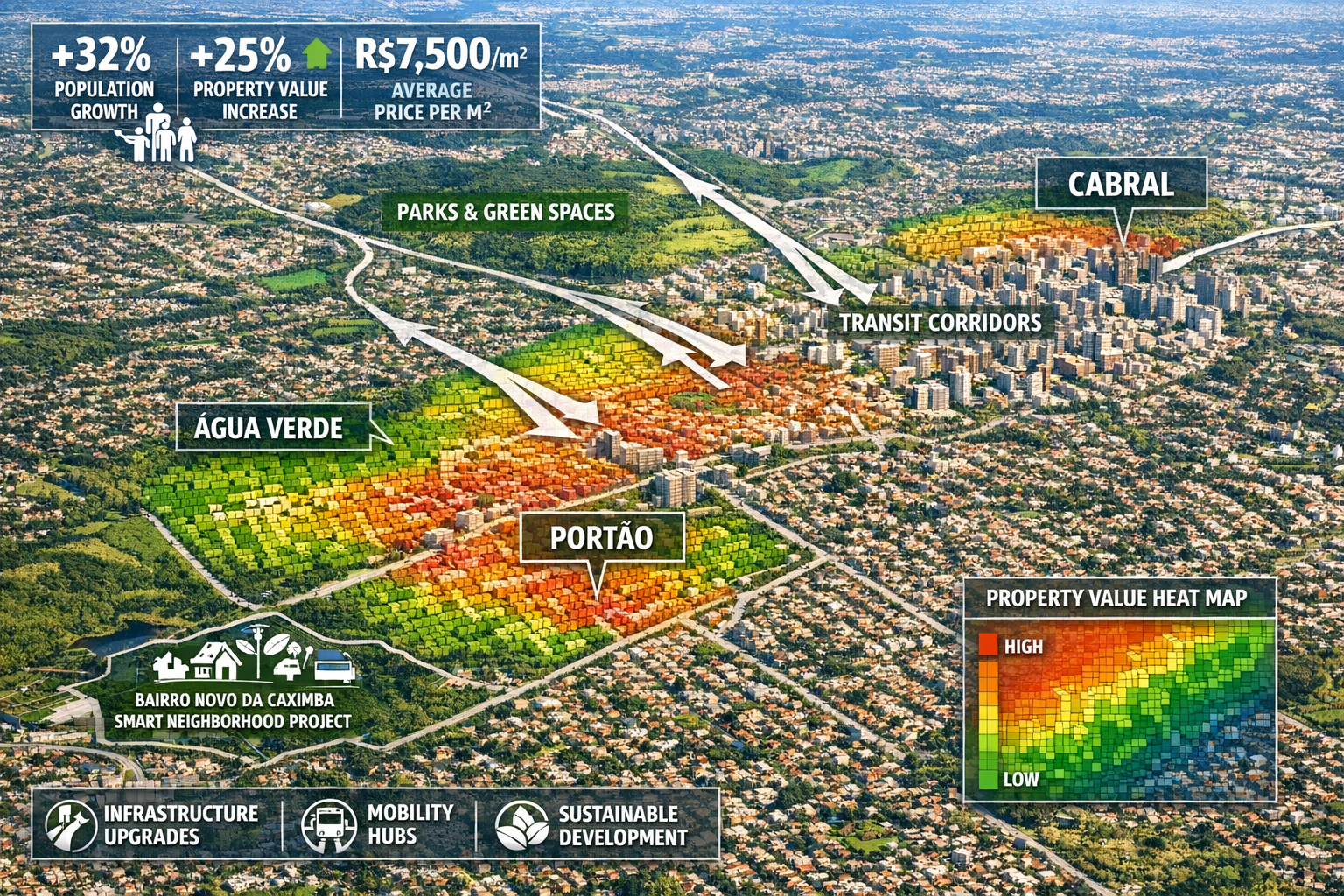 Detailed () aerial view map of Curitiba showing emerging suburban neighborhoods Agua Verde, Portao, and Cabral with