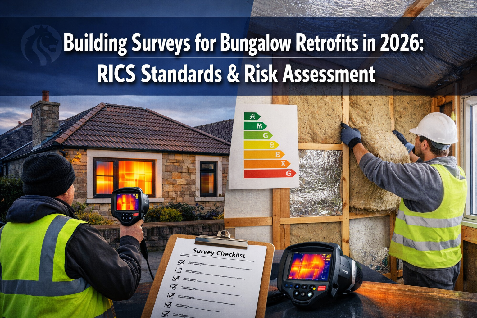 Professional landscape format (1536x1024) hero image featuring bold text overlay 'Building Surveys for Bungalow Retrofits in 2026: RICS Stan