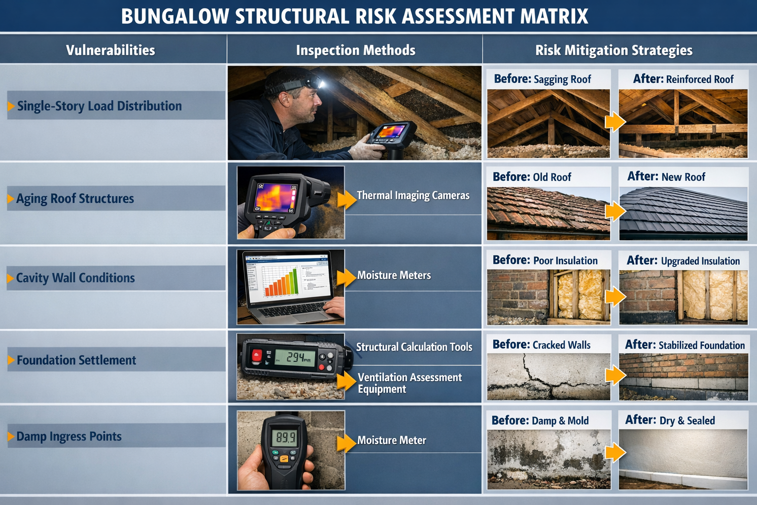 Landscape format (1536x1024) detailed comparison table visualization showing bungalow-specific structural risk assessment matrix. Left colum