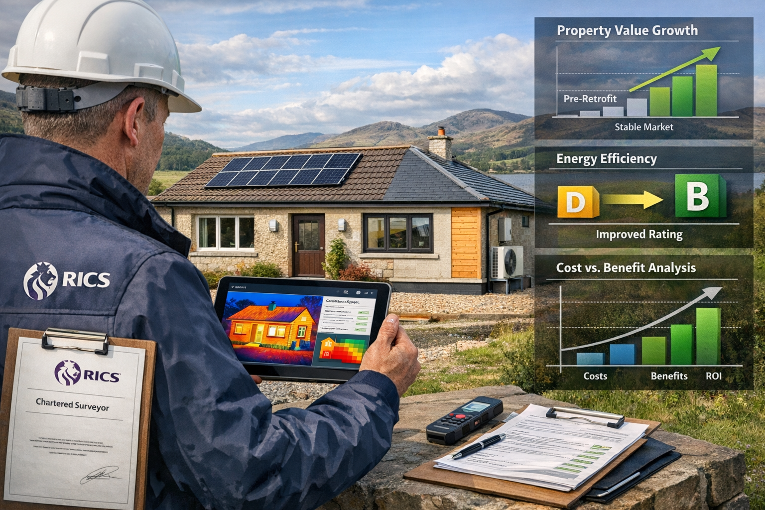 Landscape format (1536x1024) professional scene showing RICS-certified surveyor conducting comprehensive bungalow retrofit assessment in sta