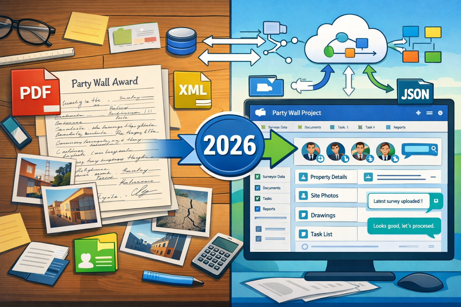 () detailed illustration showing split-screen composition: left side displays traditional paper-based party wall award with