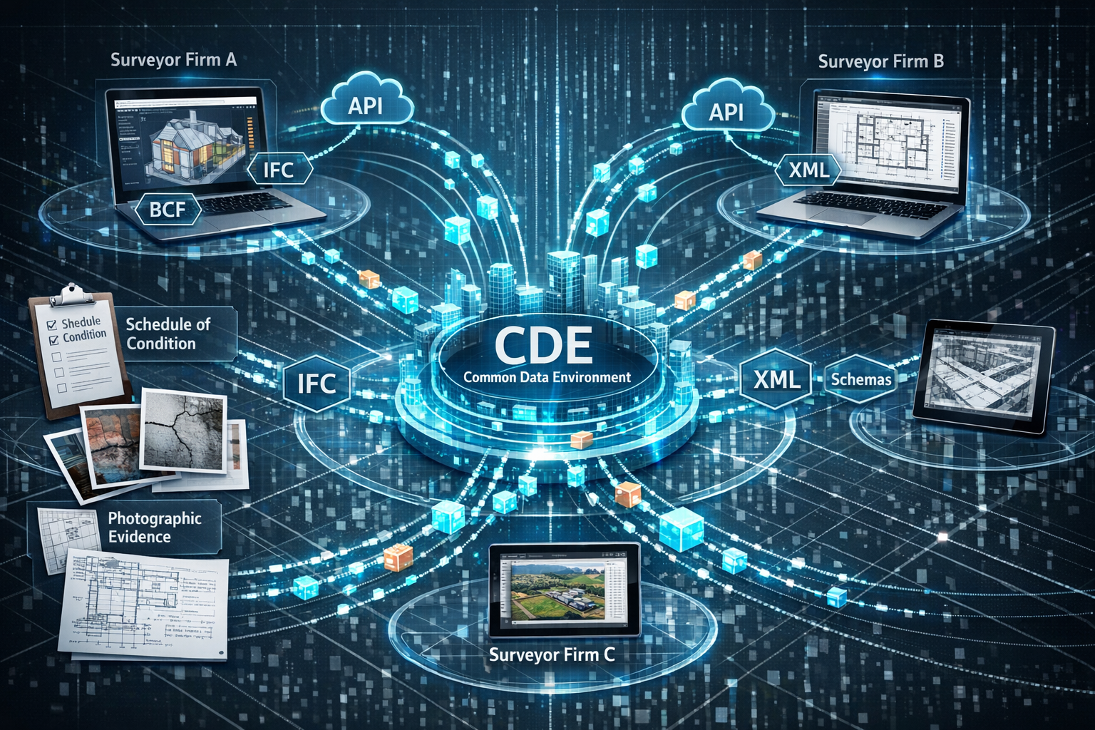 () technical diagram showing three-dimensional network visualization of multi-surveyor collaboration ecosystem. Central hub