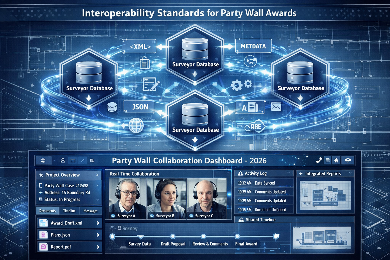 A detailed technical visualization exploring 'Interoperability Standards for Party Wall Awards' with a complex,