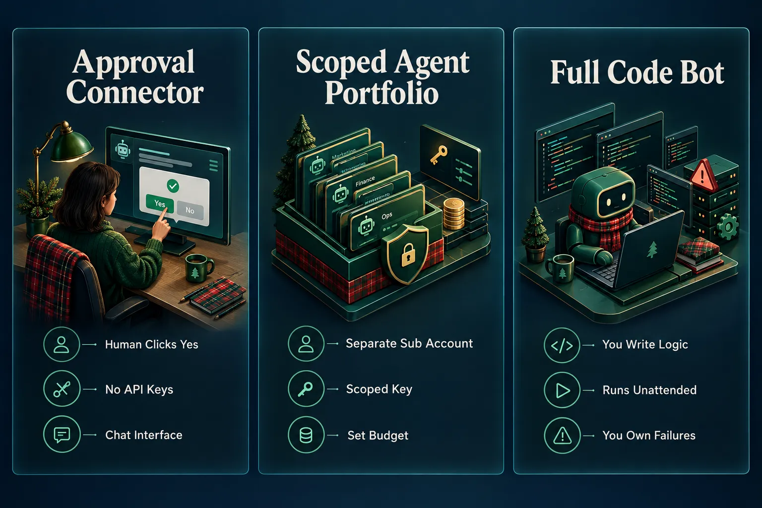 Three panel comparison of an approval connector, a scoped agent portfolio and a full code trading bot