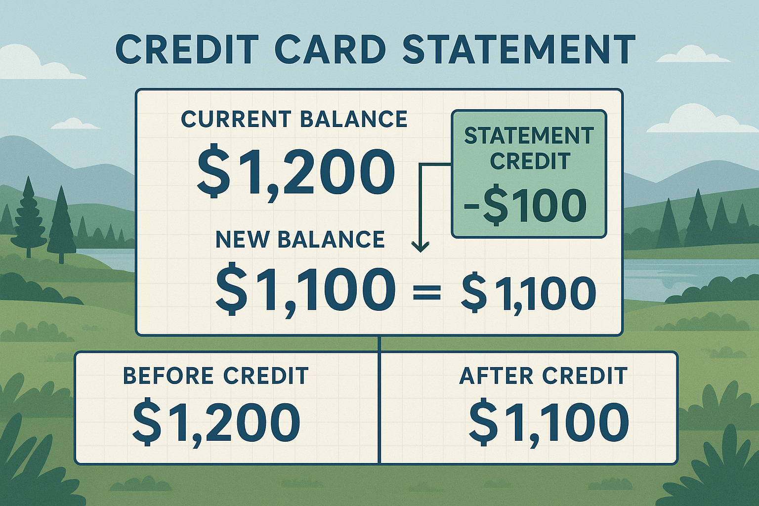 Detailed landscape infographic (1536x1024) showing credit card statement anatomy with clear labeled sections: current balance Section Image,200 at top,