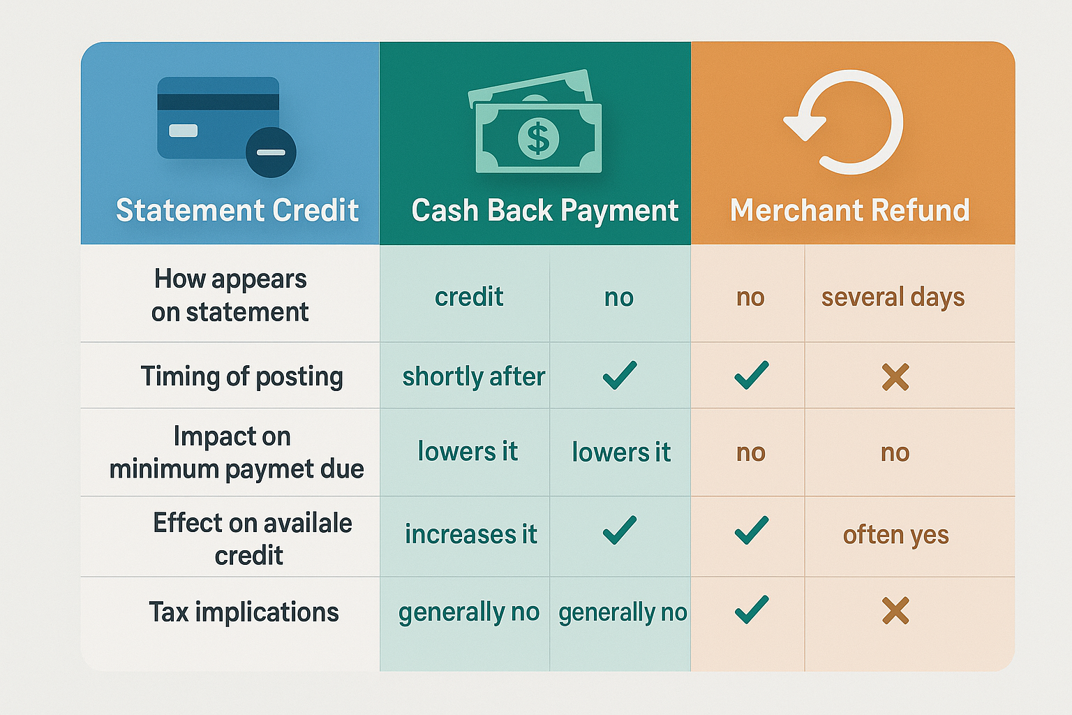 Professional landscape comparison chart (1536x1024) displaying three-column table format comparing Statement Credit vs Cash Back Payment vs 