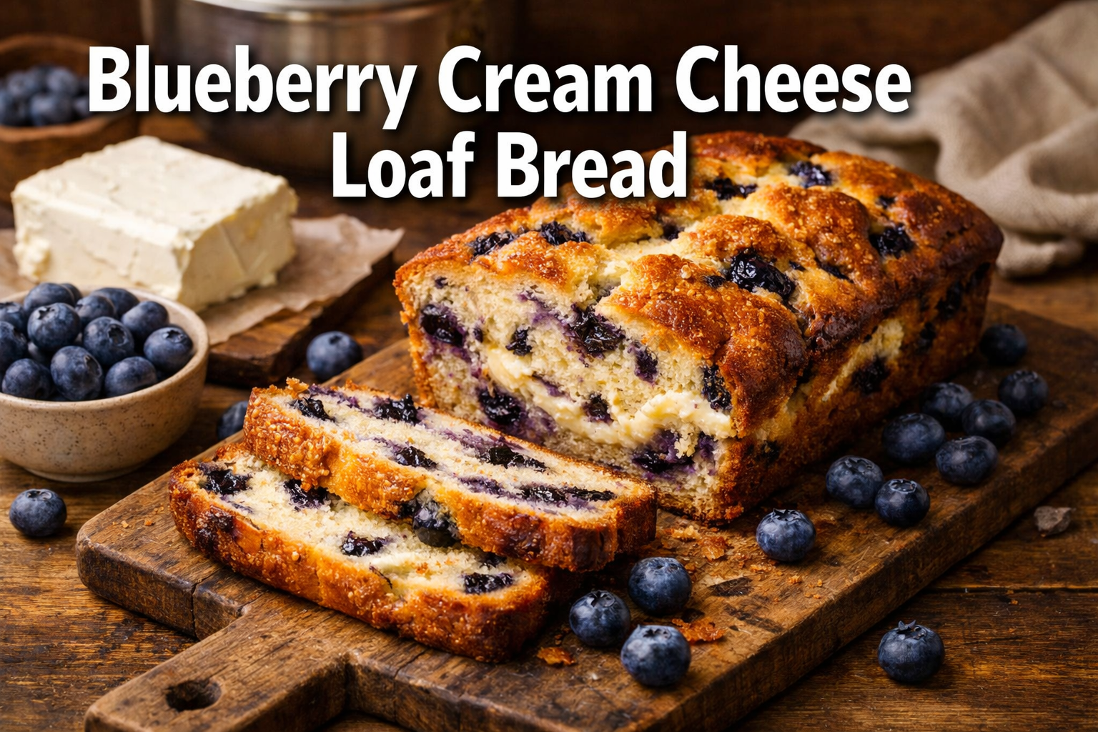 Professional landscape hero image (1536x1024) featuring bold text overlay 'Blueberry Cream Cheese Loaf Bread' in extra large 70pt white sans