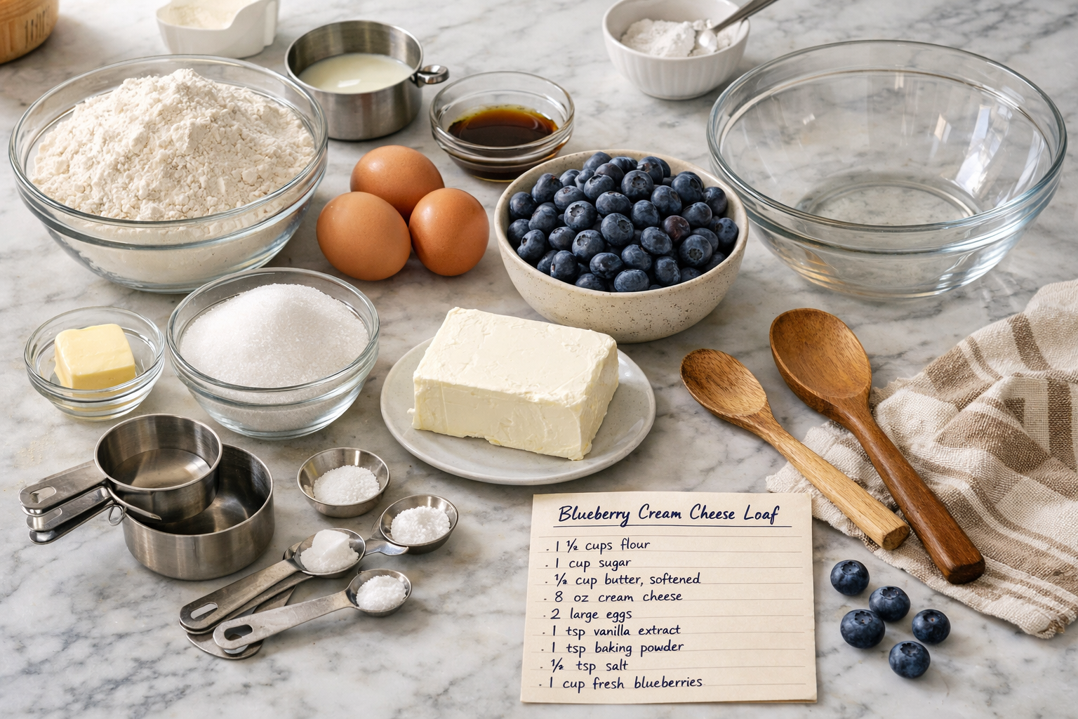 Landscape image (1536x1024) showing step-by-step blueberry cream cheese loaf preparation process with ingredients laid out on marble counter