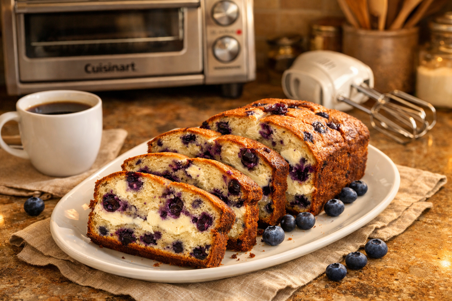 Landscape image (1536x1024) displaying perfectly sliced blueberry cream cheese loaf bread on white serving plate, showing moist crumb textur