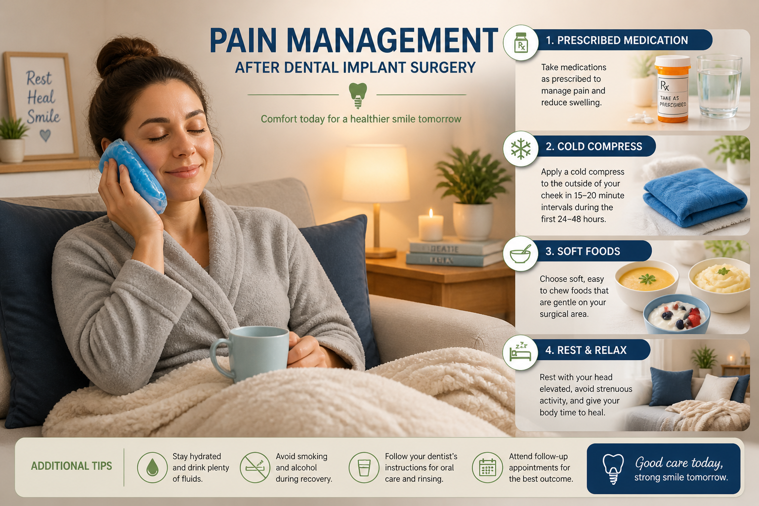 A compelling landscape image () illustrating different pain management techniques post-dental implant surgery. The scene