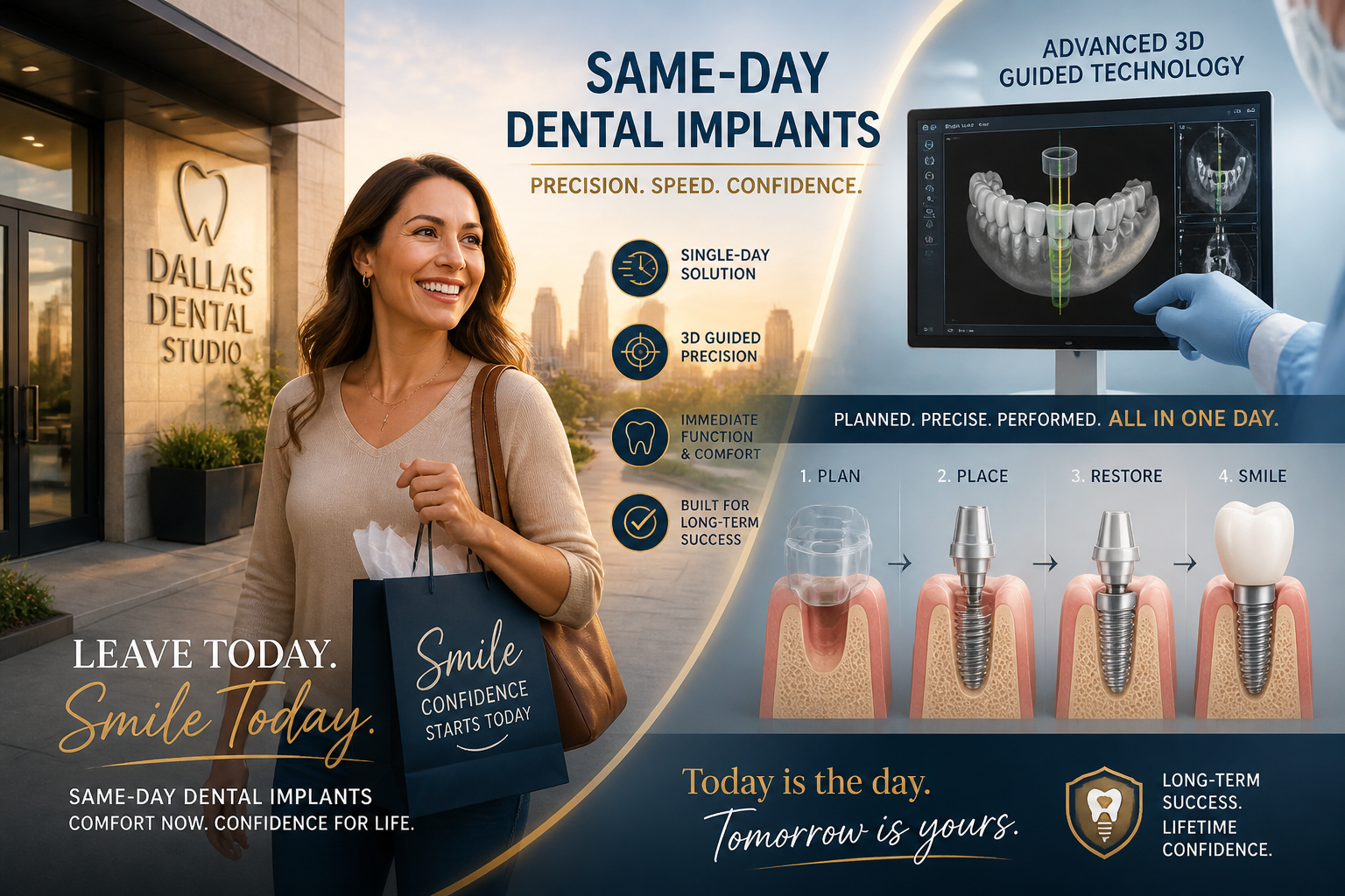 A dynamic landscape image () showcasing the concept of same-day dental implants, contrasting immediate post-procedure