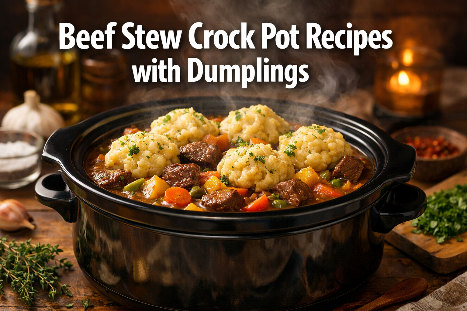 Professional landscape hero image (1536x1024) featuring bold text overlay 'Beef Stew Crock Pot Recipes with Dumplings' in extra large 72pt w